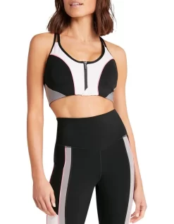 Milan Zip Medium Impact Sports Bra In Black/Pink