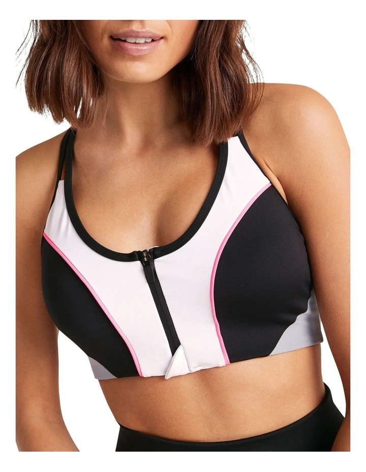 Milan Zip Medium Impact Sports Bra In Black/Pink - Image 3