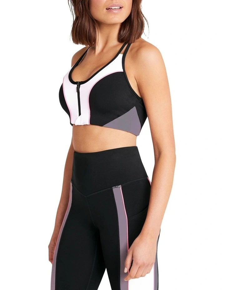 Milan Zip Medium Impact Sports Bra In Black/Pink - Image 5