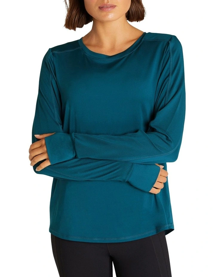 Mesh Panel Long Sleeve Top In Teal