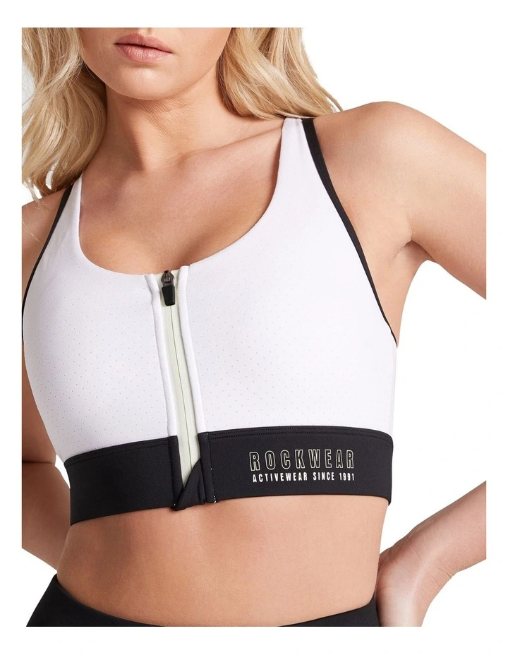 Walk The Line Zip Medium Impact Sports Bra In White - Image 4